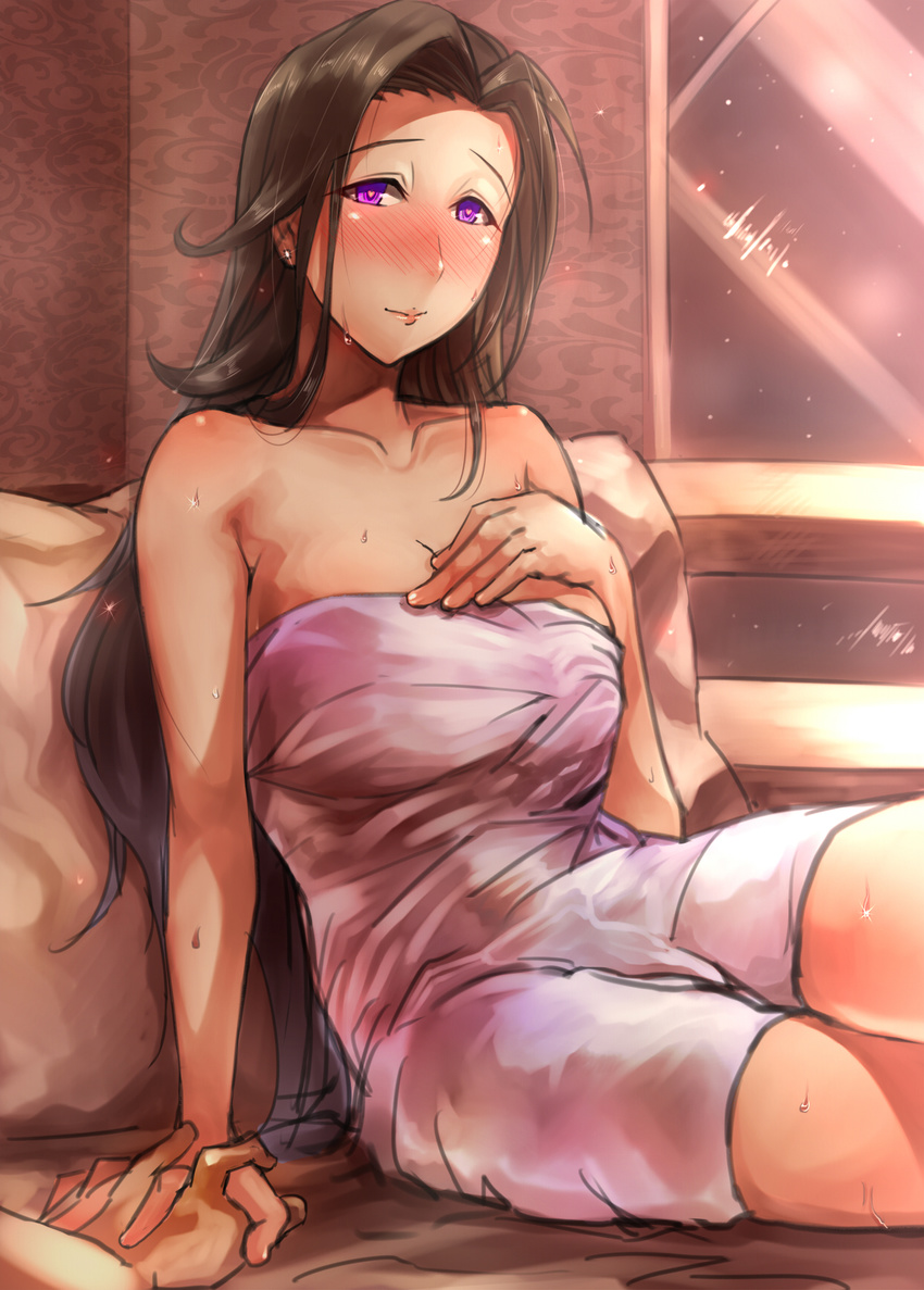 bad_id bad_pixiv_id bathing black_hair highres holding_hands idolmaster idolmaster_cinderella_girls interlocked_fingers long_hair naked_towel out_of_frame purple_eyes solo_focus takahashi_reiko tanishi_(tani4) towel