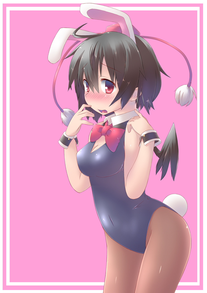 alternate_costume animal_ears black_legwear blush bow bowtie breasts bunny_ears bunnysuit cowboy_shot hat highres looking_at_viewer medium_breasts open_mouth pantyhose red_eyes shameimaru_aya solo spirytus_tarou tokin_hat touhou wings wrist_cuffs