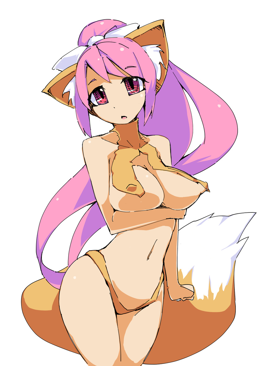 animal_ears bad_id bad_pixiv_id breasts cat_ears cat_tail cleavage disgaea highres large_breasts long_hair monster_girl navel nekomata nekomata_(disgaea) open_mouth pink_eyes pink_hair ponytail solo tail very_long_hair white_background ymd_(assiman)