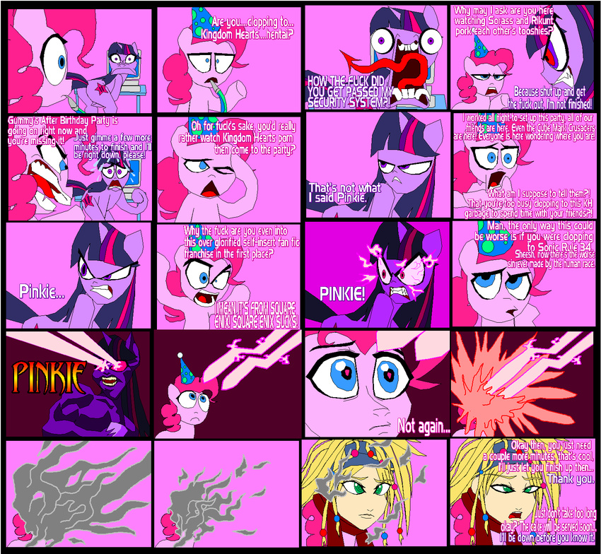 angry blonde_hair blue_eyes comic computer cutie_mark dialog duo english_text equine eyes female feral friendship_is_magic fur green_eyes hair horn horse human mammal my_little_pony party_hat pink_fur pink_hair pinkie_pie_(mlp) pony purple_eyes purple_fur purple_hair smoke text transformation twilight_sparkle_(mlp) tyrranux unicorn
