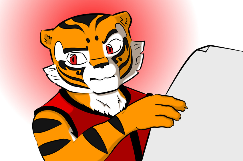 female kung_fu_panda madessi mammal master_tigress meme reaction_image reading red_eyes solo tiger tommy_lee_jones