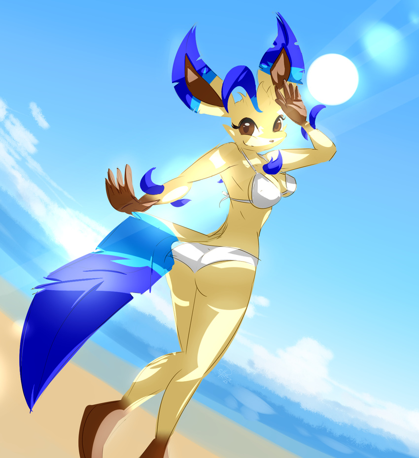 alternate_color anthro anthrofied beach bikini breasts brown_eyes chest_tuft clothing cloud clouds eeveelution elpatrixf female fur hi_res leaf_tail leafeon looking_at_viewer looking_back nintendo outside pok&#233;mon pok&#233;morph pok&eacute;mon sand sea seaside sky smile solo sun swimsuit tight_clothing tuft video_games water yellow_fur