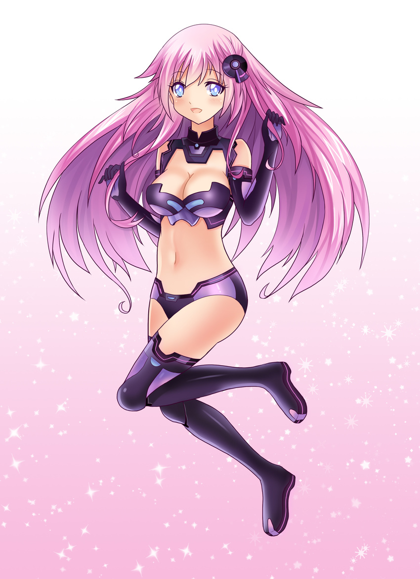 :d absurdres bangs bare_shoulders black_gloves black_legwear blue_eyes blush boots breasts choujigen_game_neptune_mk2 cleavage cleavage_cutout crop_top elbow_gloves floating full_body gloves gradient gradient_background hair_ornament halterneck highres large_breasts leg_lift long_hair magical_girl midriff navel nepgear neptune_(series) open_mouth pink_background pink_hair purple_footwear purple_legwear purple_sister roland-gin short_shorts shorts smile solo sparkle thigh_boots thighhighs turtleneck very_long_hair
