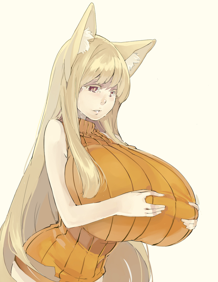 1girl animal_ears bare_shoulders blonde_hair breasts female fox_ears gigantic_breasts inari long_hair muneneko simple_background tears