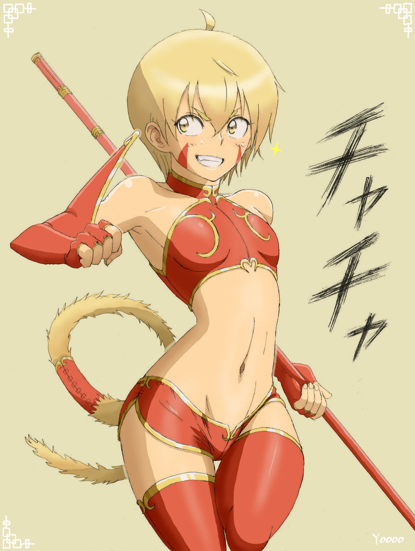 ahoge blonde_hair elbow_gloves fingerless_gloves genderswap genderswap_(mtf) gloves grin highres journey_to_the_west midriff monkey_tail navel red_legwear ruyi_jingu_bang short_hair short_shorts shorts smile solo staff sun_wukong tail thighhighs yellow_eyes yooo