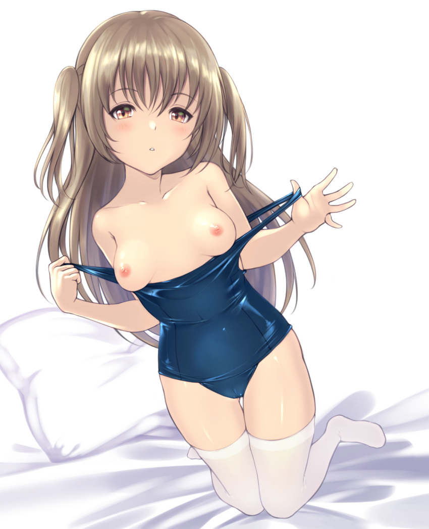 1girl bed_sheet blonde_hair blush breasts cameltoe collarbone covered_navel dutch_angle gluteal_fold hands_up head_tilt highres kneeling knees_together_feet_apart long_hair looking_at_viewer nipples original parted_lips pulled_by_self school_swimsuit shiny shiny_clothes shiny_skin sidelocks small_breasts solo strap_pull swimsuit swimsuit_pull thigh_gap thighhighs two_side_up white_legwear