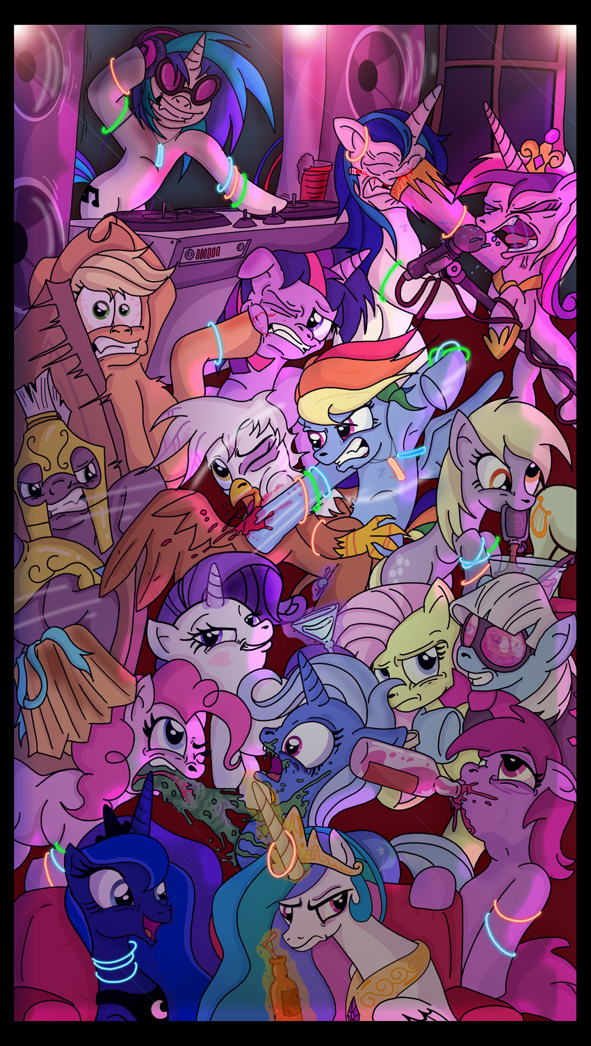 absurd_res alcohol applejack_(mlp) armor avian beak berry_punch_(mlp) beverage blood blue_eyes blue_fur bottle crown cutie_mark derpy_hooves_(mlp) equine eyes_closed eyewear female feral fluttershy_(mlp) friendship_is_magic fur gilda_(mlp) glowstick green_eyes grey_fur group gryphon hair headphones hi_res horn horse looking_at_viewer mammal microphone multi-colored_hair my_little_pony one_eye_closed orange_fur pegasus photo_finish_(mlp) pink_fur pink_hair pinkie_pie_(mlp) pony princess princess_cadance_(mlp) princess_celestia_(mlp) princess_luna_(mlp) purple_eyes rainbow_dash_(mlp) rarity_(mlp) reflection royal_guard_(mlp) royalty saliva shining_armor_(mlp) sofa straw sunglasses toonlancer turntable twilight_sparkle_(mlp) unicorn vinyl_scratch_(mlp) vomit white_fur white_hair winged_unicorn wings yellow_eyes yellow_fur