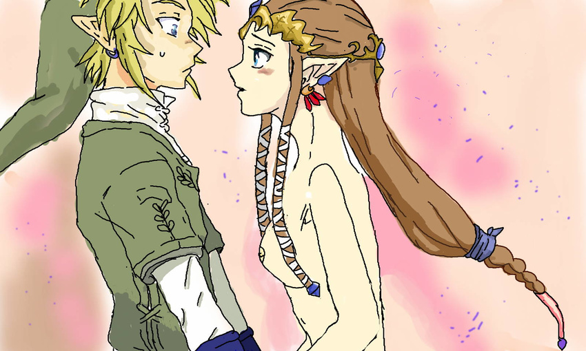 blue_eyes blush breasts hand_holding hero human invalid_tag link mcgamer nintendo nipples princess_zelda the_legend_of_zelda video_games