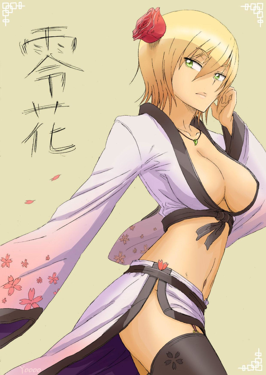 artist_name black_legwear blonde_hair breasts cleavage flower front-tie_top garter_straps genderswap genderswap_(mtf) green_eyes hair_flower hair_ornament highres japanese_clothes jewelry journey_to_the_west kimono large_breasts magatama midriff navel necklace rose sha_wujing short_hair side_slit solo thighhighs translation_request yooo