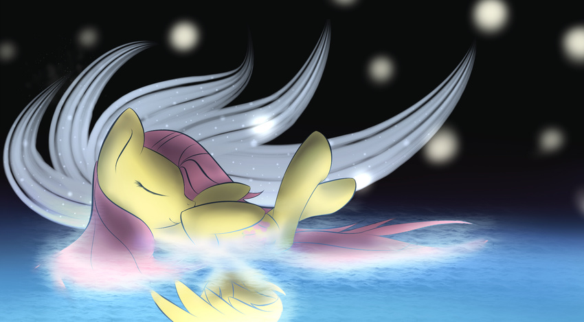 cutie_mark dshou equine eyes_closed feathers female feral fluttershy_(mlp) friendship_is_magic fur hair horse mammal my_little_pony pegasus pink_hair pony simple_background smile solo sparkles swimming water wet wings yellow_fur