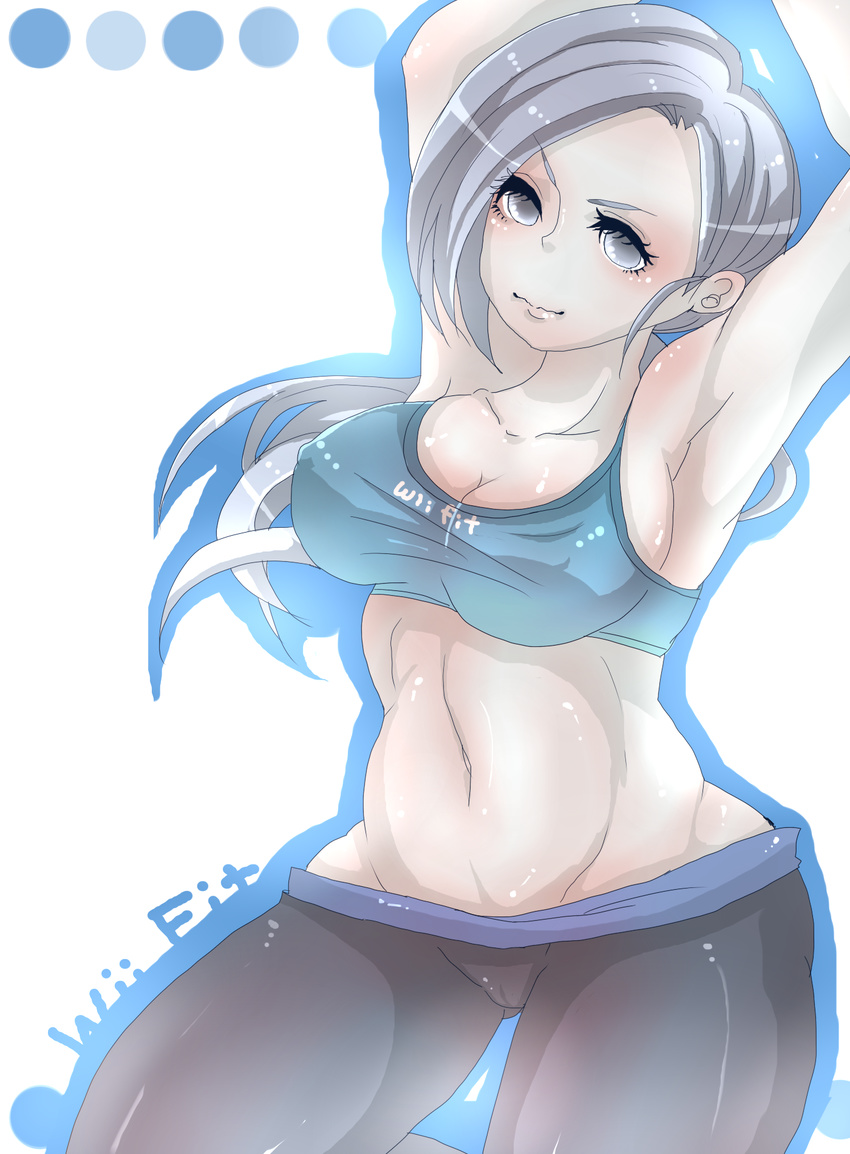 armpits arms_up bad_id bad_pixiv_id breasts cameltoe cleavage clothes_writing covered_nipples cowboy_shot eyelashes grey_eyes grey_hair highres junior_(namatamemisa) large_breasts long_hair midriff navel ponytail sideboob solo spandex stretch tank_top taut_clothes toned white_skin wii_fit wii_fit_trainer