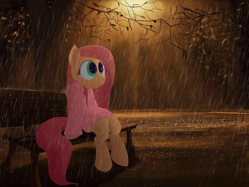 animated apony clothing equine evening female feral fluttershy_(mlp) friendship_is_magic fur green_eyes hair hood horse leaves long_hair looking_up mammal my_little_pony pegasus pink_hair pony rain raindrop raindrops raining solo tree truely_anonymous wet wings yellow_fur