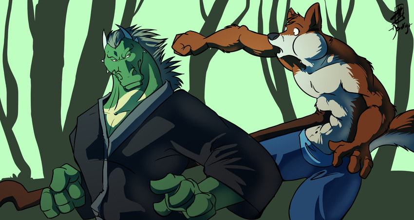 anthro cane canine donryu dragon duo fight fox green_dragon hi_res japan male mammal navel punch stomach student teacher topless violence