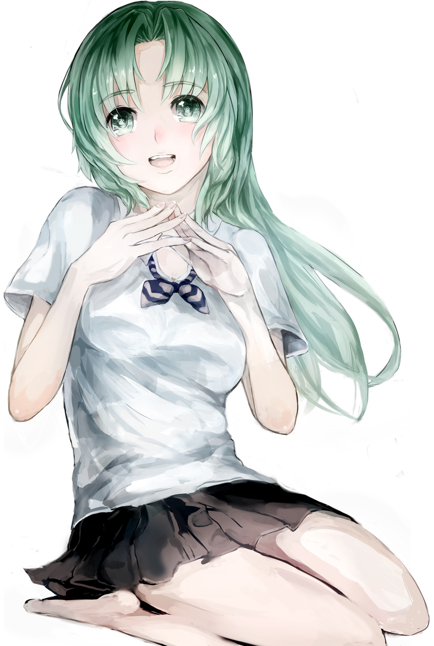 dress_shirt fingers_together green_eyes green_hair half_updo highres higurashi_no_naku_koro_ni kafi long_hair neckerchief open_mouth school_uniform seiza shirt short_sleeves simple_background sitting skirt solo sonozaki_shion symbol-shaped_pupils white_background