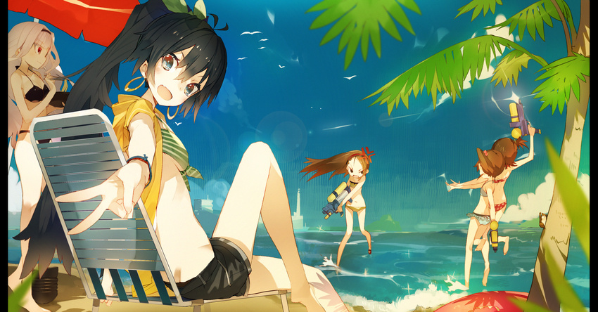 anger_vein animal antenna_hair barefoot beach bikini bird black_eyes black_hair blue_eyes bowl breasts brown_hair chopsticks cleavage cloud day futami_ami futami_mami ganaha_hibiki hair_bobbles hair_ornament hairband hamster hamuzou highres idolmaster idolmaster_(classic) karei long_hair medium_breasts minase_iori multiple_girls navel ocean outdoors palm_tree pillarboxed red_eyes shijou_takane short_hair shorts siblings side_ponytail silver_hair sitting sky standing swimsuit tree twins umbrella v very_long_hair water_gun