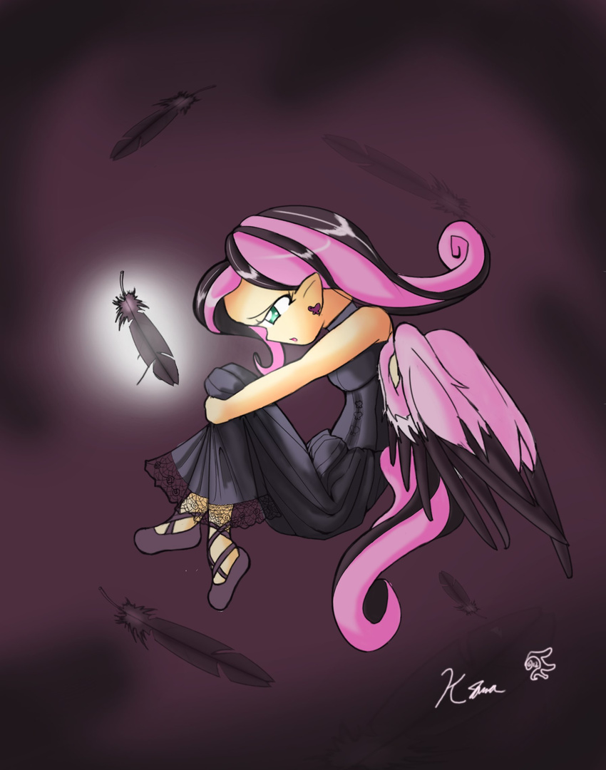 avian clothing cyan_eyes dress ear_piercing feathers female fluttershy_(mlp) friendship_is_magic goth hair harpy hi_res human humanized kei-waza mammal my_little_pony piercing sad shoes signature simple_background solo two_tone_hair wings