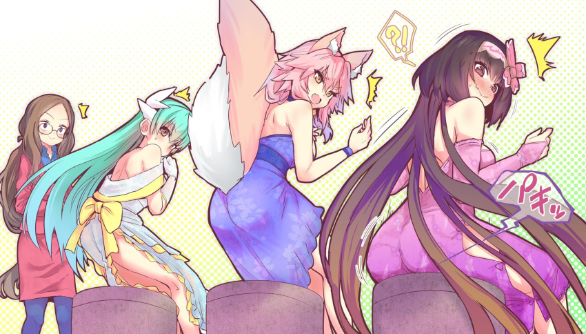 !? /\/\/\ 4girls @_@ animal_ear_fluff animal_ears aqua_hair black_hair blue_dress breasts brown_hair dragon_girl dragon_horns dress eyebrows_visible_through_hair fang fate/grand_order fate_(series) fox_ears fox_girl fox_tail glasses gradient_hair green_hair highres horns kiyohime_(fate/grand_order) large_breasts leonardo_da_vinci_(fate/grand_order) long_hair looking_at_another looking_to_the_side multicolored_hair multiple_girls open_mouth osakabe-hime_(fate/grand_order) pink_hair purple_eyes sitting smile speech_bubble surprised tail tamamo_(fate)_(all) tamamo_no_mae_(fate) translation_request very_long_hair wavy_mouth wisespeak yellow_eyes