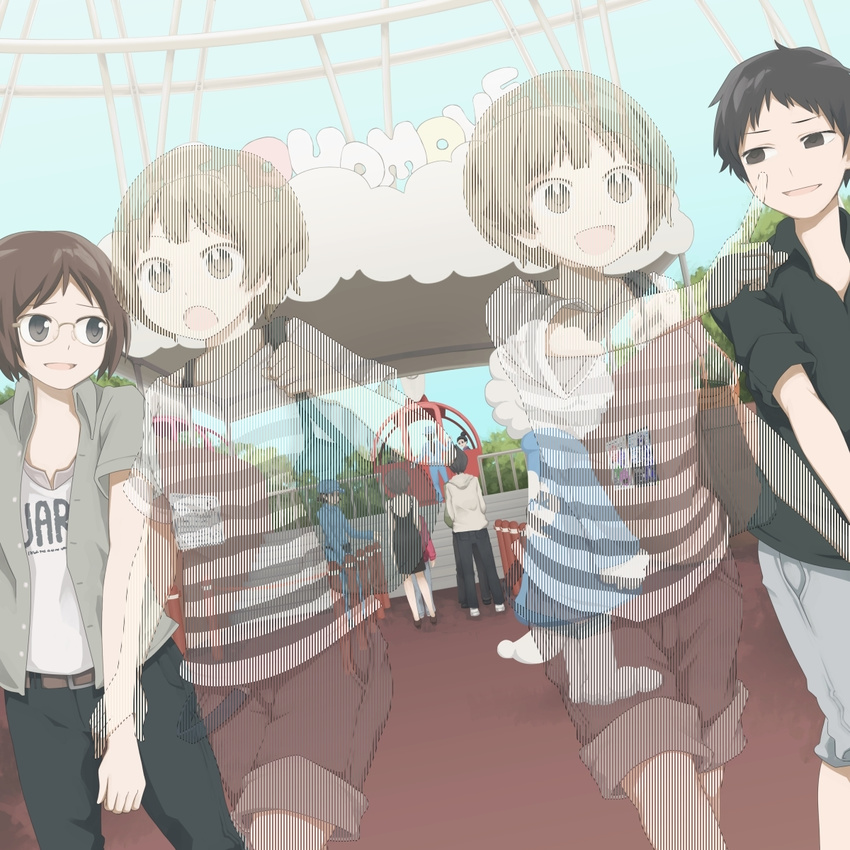 black_eyes black_hair brown_eyes brown_hair clone commentary_request glasses highres multiple_boys multiple_girls open_mouth original pants pointing shirt short_hair shorts smile t-shirt transparent unbuttoned yajirushi_(chanoma)