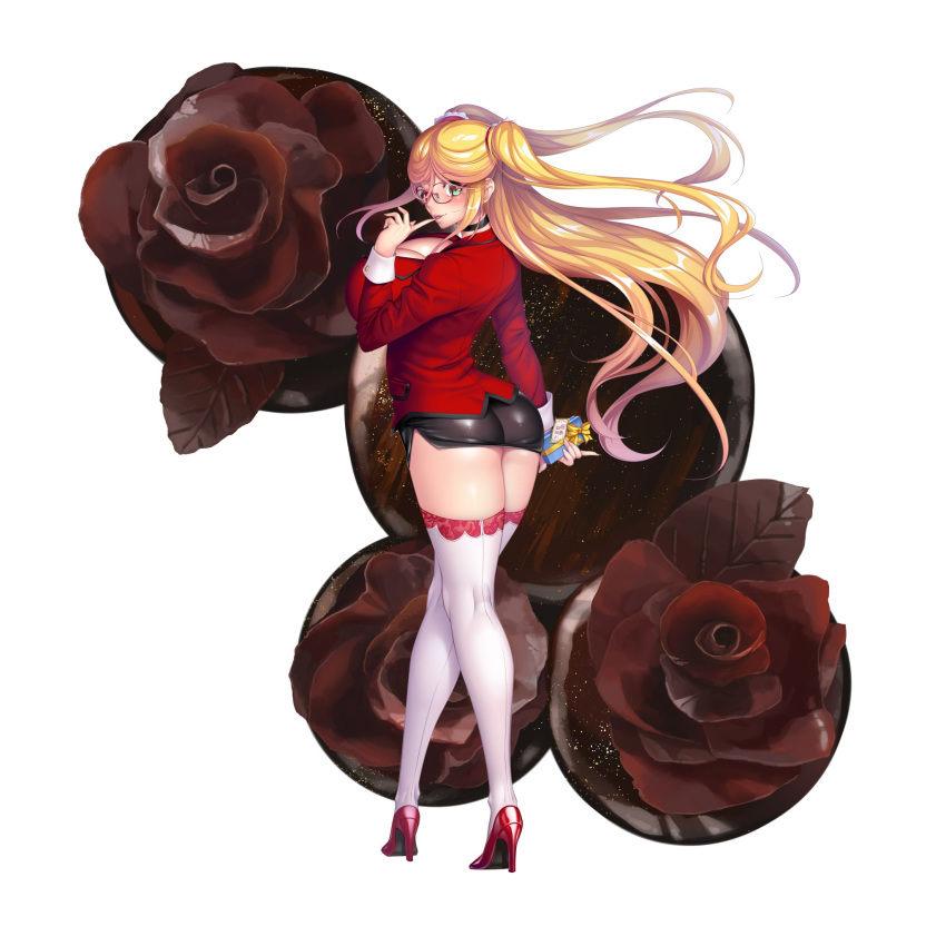 1girl aoi_nagisa_(metalder) armor ass blonde_hair breasts cameltoe curvy female flower green_eyes highres huge_breasts kosaka_shizuru lilith-soft long_hair looking_at_viewer looking_back miniskirt petals plant rose shiny shiny_skin skirt smile solo taimanin_(series) taimanin_asagi taimanin_rpgx taimanin_yukikaze twintails wink