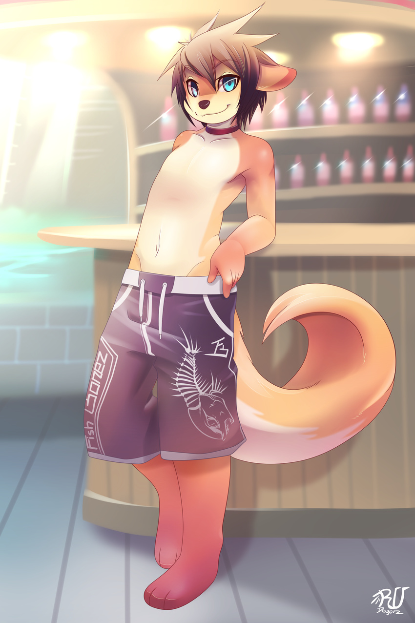 absurd_res anthro armpits bar beverage blue_eyes brown_fur brown_hair choker clothing collar collarbone cute disheveled_hair fur hair heterochromia hi_res leaning leaning_back looking_at_viewer male mammal mustelid navel otter raised_eyebrows rudragon shorts smile smirk solo standing swimming_trunks swimsuit undressing white_fur young