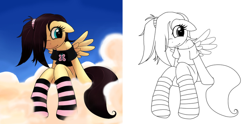 alpha_channel anthro anthrofied apony black_hair blue_eyes clothing cloud clouds colored comparison cute equine female fluttershy_(mlp) friendship_is_magic fur goth hair hair_over_eye horse legwear line_art mammal my_little_pony pegasus plain_background pony side_ponytail sitting sketch smile solo stockings transparent_background truely_anonymous wings yellow_fur