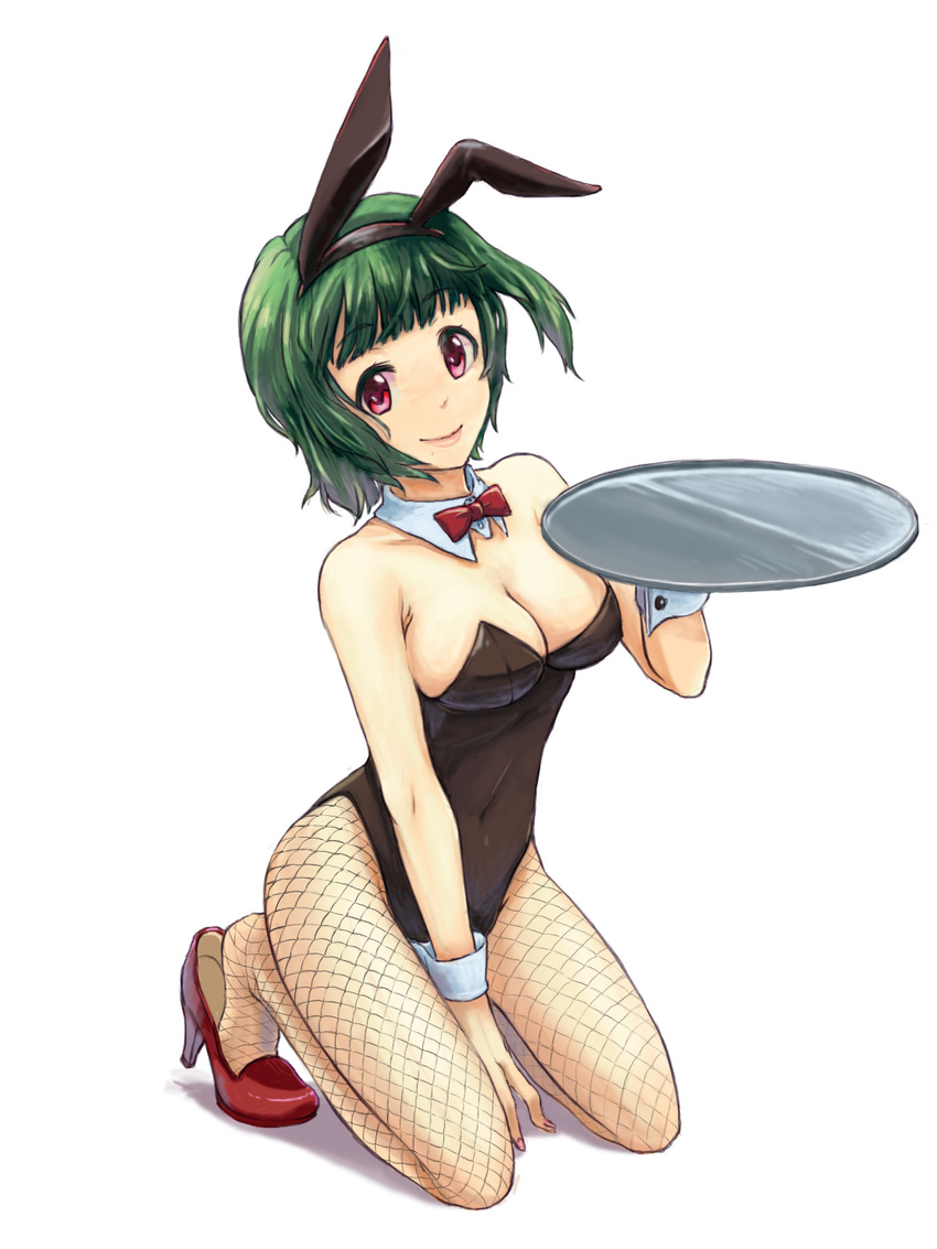 animal_ears bow bowtie breasts bunny_ears bunnysuit cleavage detached_collar fishnet_pantyhose fishnets green_hair high_heels highres idolmaster idolmaster_(classic) kneeling lips medium_breasts mole mole_under_mouth neneko_(sakurazawa) otonashi_kotori pantyhose red_eyes shoes short_hair solo tray wrist_cuffs