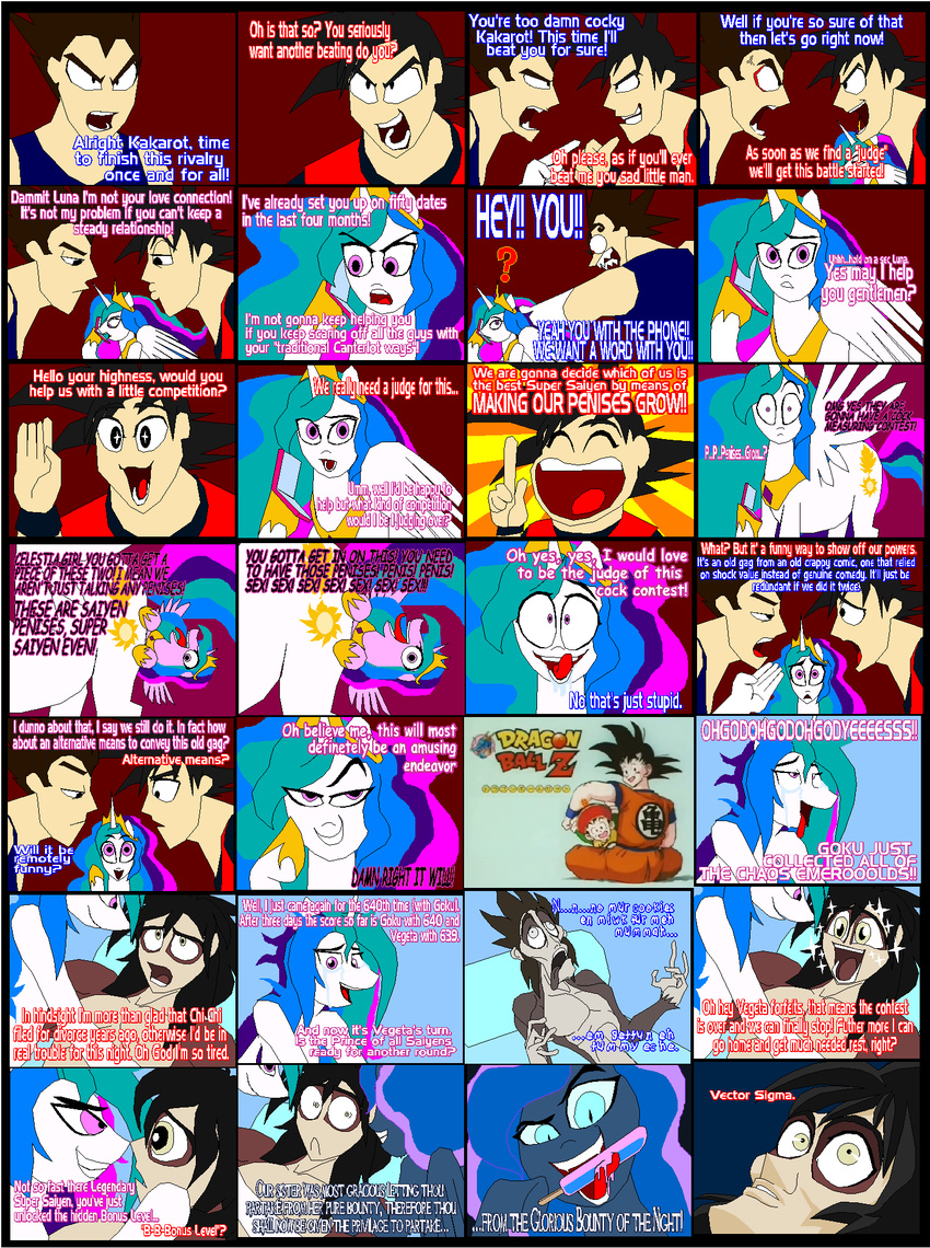 blue_eyes comic cutie_mark dialog english_text equine female friendship_is_magic goku grin hair horn horse male mammal multi-colored_hair my_little_pony pink_eyes pony princess princess_celestia_(mlp) princess_luna_(mlp) royalty sex smile straight text tongue tyrranux vegeta winged_unicorn wings