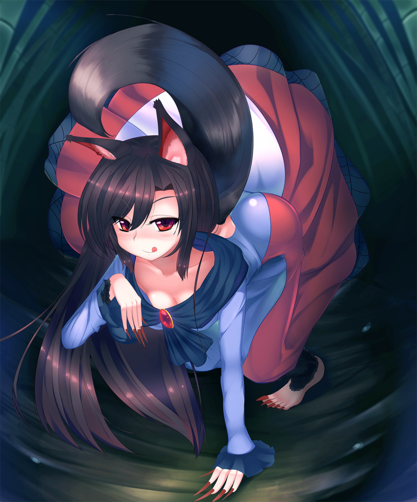 :q animal_ears bamboo barefoot black_hair breasts claws cleavage dress eila_yagyu fingernails highres imaizumi_kagerou long_fingernails long_hair long_toenails medium_breasts red_eyes sharp_fingernails sharp_toenails slit_pupils solo tail toenails tongue tongue_out touhou wolf_ears wolf_tail