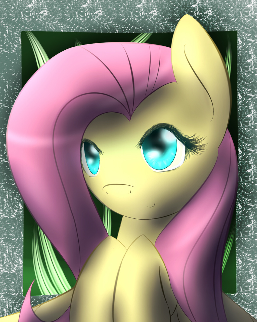 abstract_background cyan_eyes detailed_background dshou equine female feral fluttershy_(mlp) friendship_is_magic fur hair horse long_hair looking_at_viewer mammal my_little_pony pegasus pink_hair pony portrait smile solo wings yellow_fur