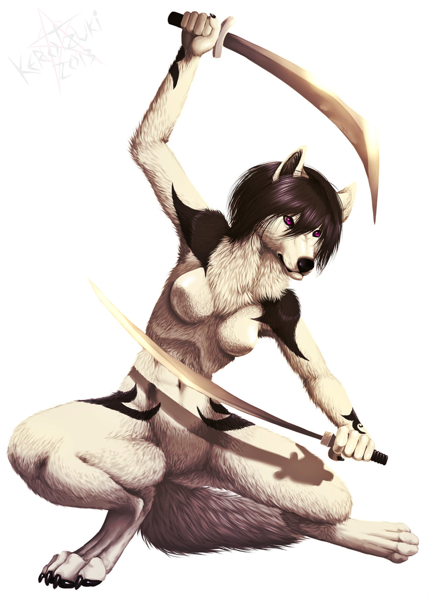 breasts canine female kero_tzuki mammal nude solo sword weapon wolf
