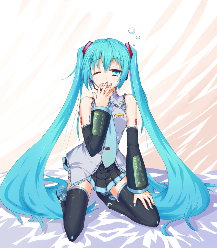 aqua_eyes aqua_hair boots detached_sleeves hatsune_miku headset highres kneeling long_hair nail_polish necktie one_eye_closed open_mouth skirt solo solzack thigh_boots thighhighs twintails very_long_hair vocaloid