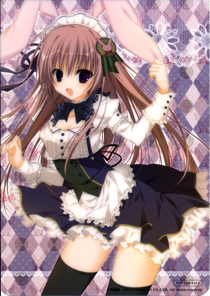 :d absurdres animal_ears argyle argyle_background black_legwear blush brown_hair bunny_ears contrapposto copyright_request cowboy_shot dress highres inugami_kira long_hair looking_at_viewer maid_headdress open_mouth purple_eyes scan simple_background smile solo standing thighhighs underbust very_long_hair zettai_ryouiki