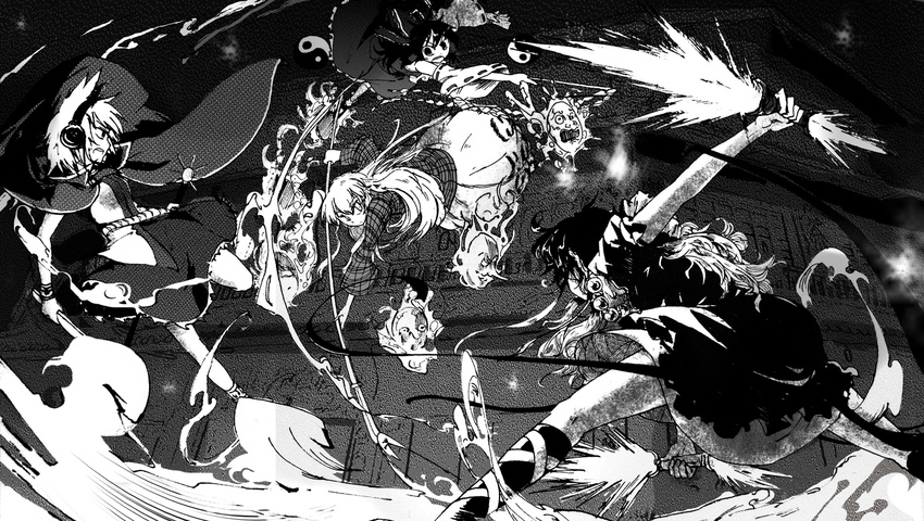 :o bandages battle beads beam_saber cape capelet detached_sleeves dual_wielding earmuffs fighting_stance fire flame floating gohei gradient_hair greyscale hakurei_reimu hata_no_kokoro headphones hijiri_byakuren holding hopeless_masquerade jewelry long_hair long_sleeves mask monochrome multicolored_hair multiple_girls naginata necklace open_mouth pearl_necklace plaid plaid_shirt polearm ribbon-trimmed_sleeves ribbon_trim shirt short_hair teeth torch touhou toyosatomimi_no_miko vajra_(object) weapon