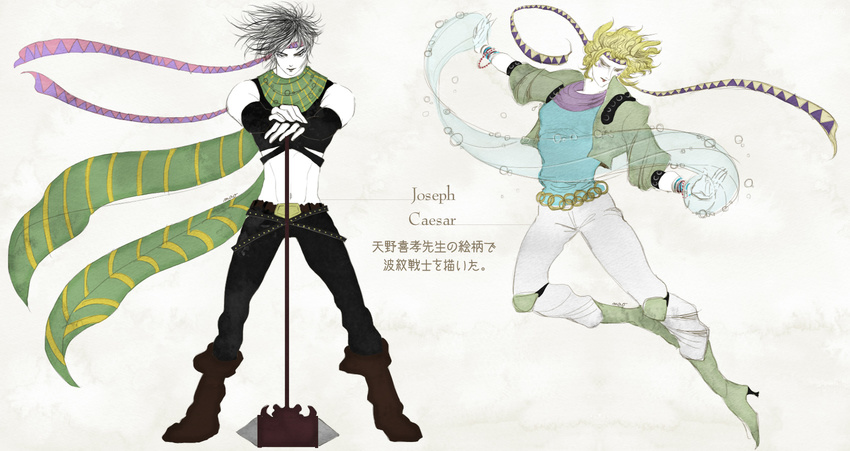 amano_yoshitaka_(style) battle_tendency blonde_hair bubble caesar_anthonio_zeppeli character_name crop_top fingerless_gloves gloves hammer headband highres jojo_no_kimyou_na_bouken joseph_joestar_(young) mao_simon midriff multiple_boys parody planted_weapon scarf style_parody translated weapon