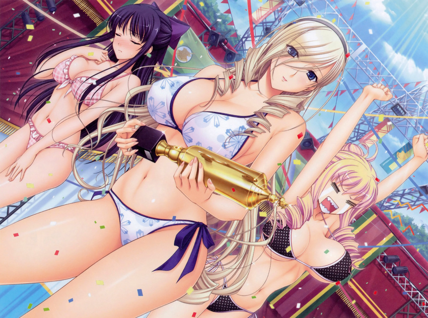 3girls absurdres angry arms_up bare_shoulders bertille_althusser bikini blonde_hair blue_eyes blue_hair blush bouncing_breasts breasts celia_kumani_entory character_request cleavage cloud clouds crying drill_hair eyes_closed game_cg hairband highres hips huge_breasts komori_kei large_breasts legs long_hair looking_at_viewer multiple_girls navel open_mouth ryuzoji_akane sky smile standing sunlight swimsuit tears thighs trophy walkure_romanze
