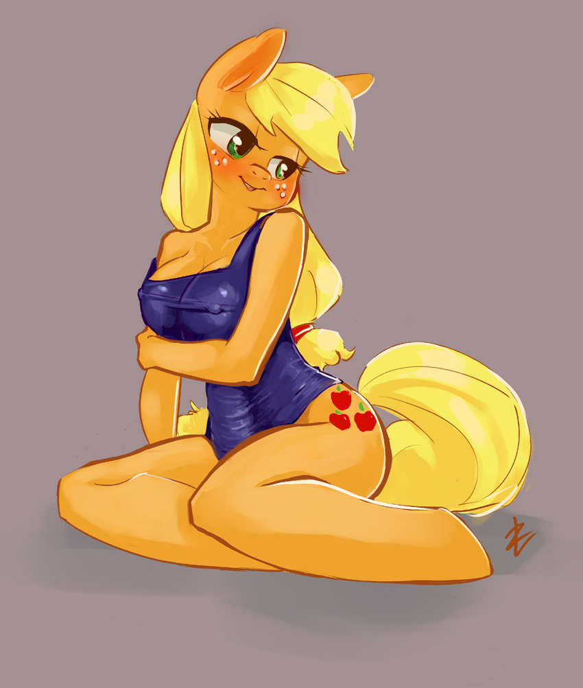 2013 anthro anthrofied applejack_(mlp) blonde_hair blush bottomless clothed clothing cutie_mark dress equine female freckles friendship_is_magic green_eyes grey_background hair horse lizombie my_little_pony orange_fur partially_clothed plain_background pony signature sitting smile solo