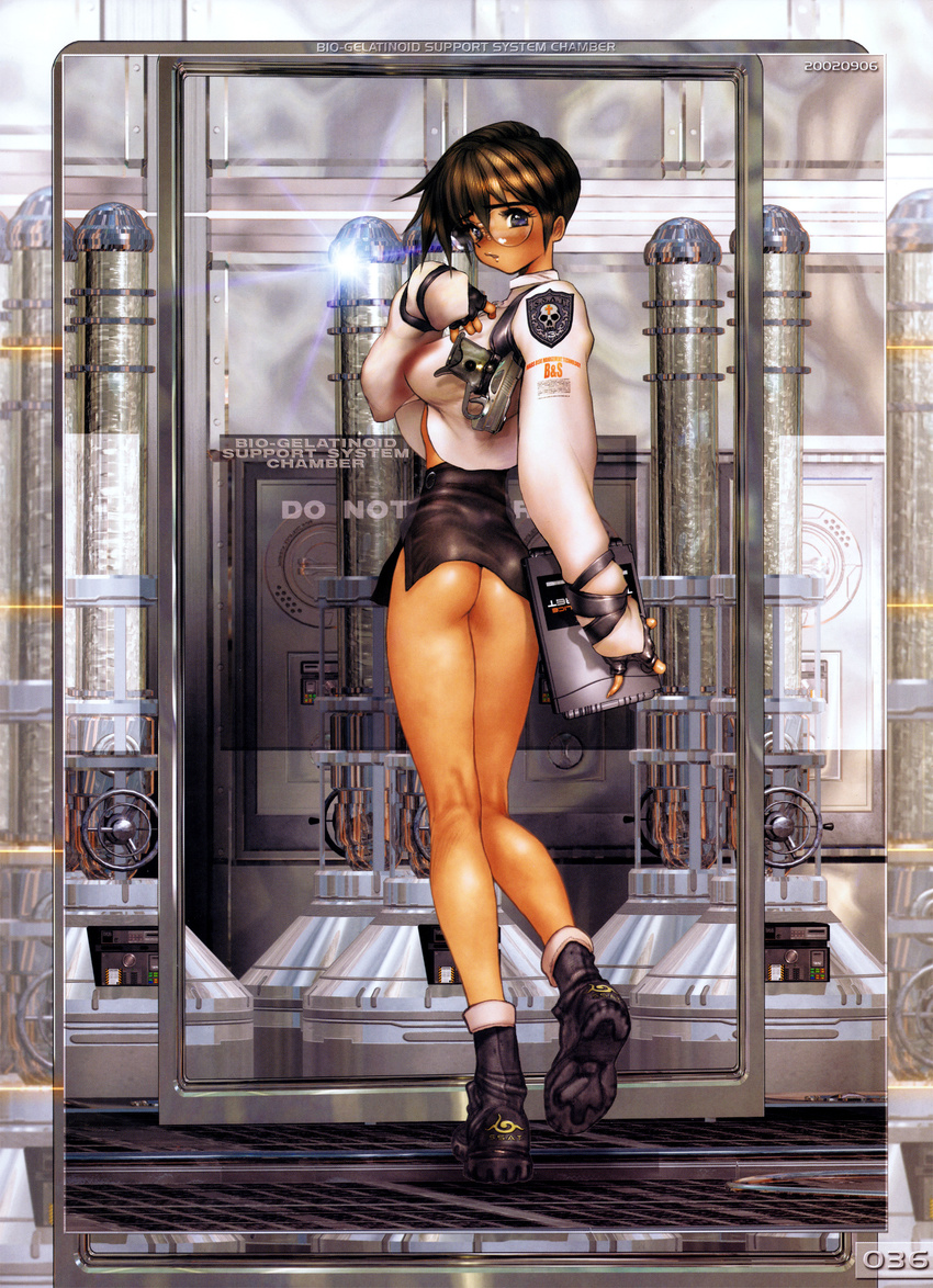 absurdres ass blue_eyes blush boots brown_hair cyril_brooklyn fingerless_gloves galgrease galhound glasses gloves gun handgun highres laboratory looking_at_viewer looking_back military military_uniform shiny shiny_skin shirou_masamune short_hair shy skirt solo underwear uniform w_tails_cat weapon