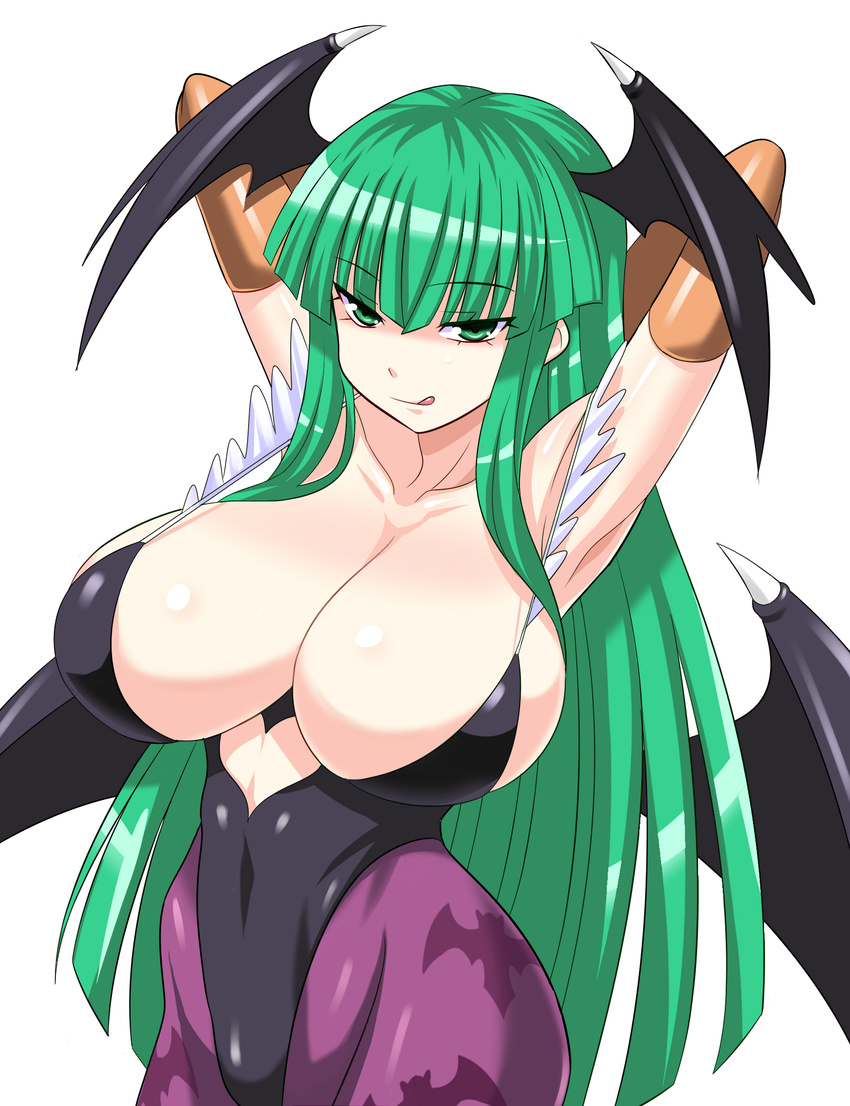 :q animal_print armpits arms_up bat_print breasts cleavage green_eyes green_hair head_wings highres huge_breasts konno_tohiro long_hair morrigan_aensland naughty_face pantyhose print_legwear simple_background smile solo tongue tongue_out vampire_(game) white_background