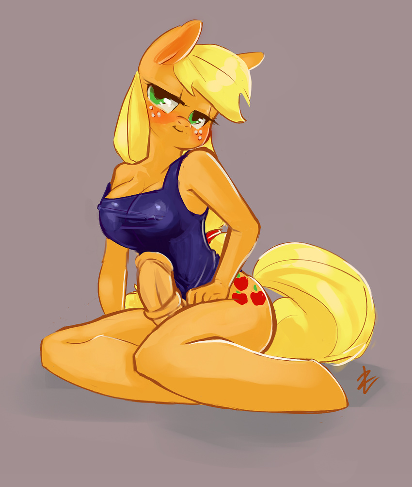 2013 anthro anthrofied applejack_(mlp) blonde_hair blush bottomless cleavage clothed clothing cutie_mark dickgirl dress equine freckles friendship_is_magic green_eyes grey_background hair horse intersex lizombie looking_at_viewer my_little_pony one-piece_swimsuit orange_fur partially_clothed penis plain_background pony signature sitting smile solo swimsuit