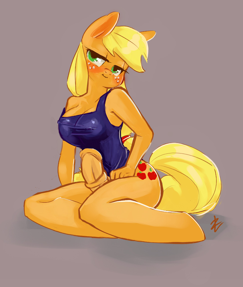 anthro anthrofied applejack_(mlp) blonde_hair blush bottomless breasts cleavage clothed clothing cutie_mark dickgirl dress equine freckles friendship_is_magic fur green_eyes grey_background hair horse intersex lizombie looking_at_viewer mammal my_little_pony one-piece_swimsuit orange_fur partially_clothed penis plain_background pony signature sitting smile solo swimsuit
