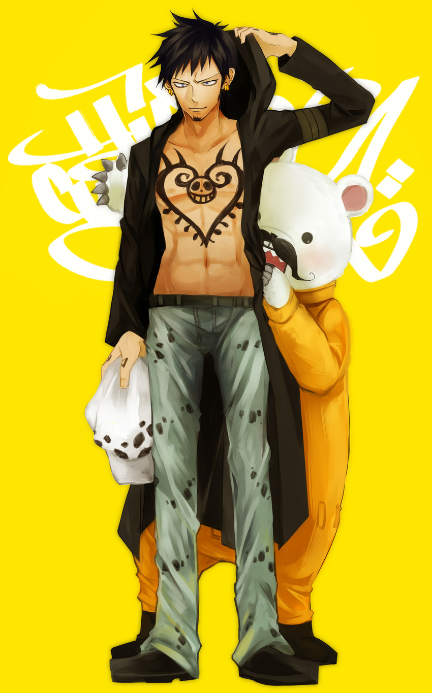 1boy absurdres bear bepo black_hair denim dressrosa duo earrings facial_hair fake_mustache full_body goatee hat heart heart_pirates highres hood jeans jewelry jumpsuit male male_focus mkmk_(kusatteiru) one_piece open_clothes open_shirt pants shirt short_hair standing tattoo trafalgar_law yellow_background