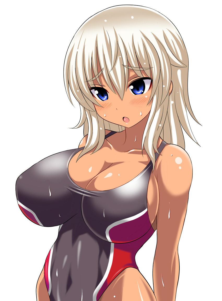 :o absurdres arms_behind_back blonde_hair blue_eyes breasts cleavage competition_swimsuit highres huge_breasts impossible_clothes impossible_swimsuit konno_tohiro long_hair one-piece_swimsuit original simple_background solo swimsuit tan wet white_background