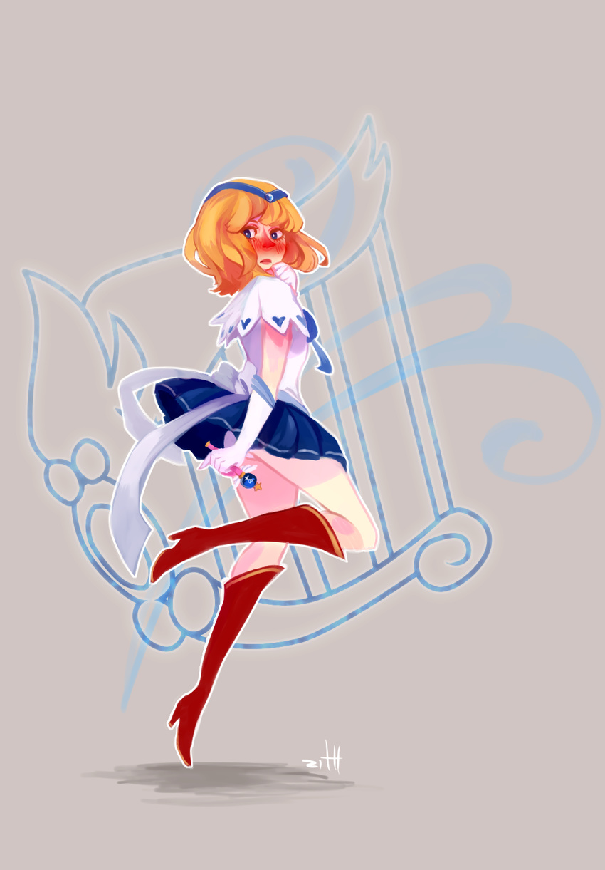 alice_margatroid back_bow bad_deviantart_id bad_id bishoujo_senshi_sailor_moon blonde_hair blue_skirt blush boots bow cosplay crystal_change_rod embarrassed full_body harp highres instrument knee_boots leg_up pleated_skirt s05146 sailor_mercury sailor_mercury_(cosplay) sailor_senshi_uniform short_hair simple_background skirt solo tiara touhou