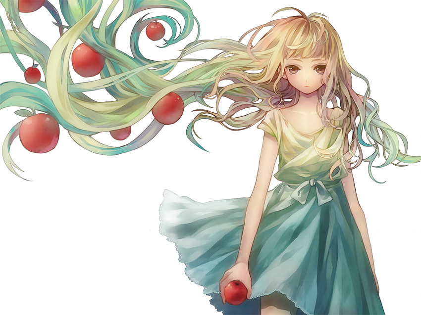 apple apple_hair_ornament blonde_hair brown_eyes dress food food_themed_hair_ornament fruit gradient_hair green_hair hachijou_asa hair_ornament long_hair looking_at_viewer multicolored_hair original simple_background solo standing very_long_hair white_background