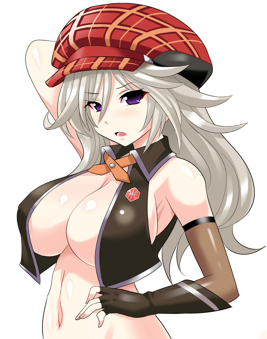 alisa_ilinichina_amiella arm_up bare_shoulders breasts cabbie_hat fingerless_gloves gloves god_eater god_eater_burst hand_on_hip hat highres huge_breasts konno_tohiro long_hair navel silver_hair simple_background solo underboob white_background