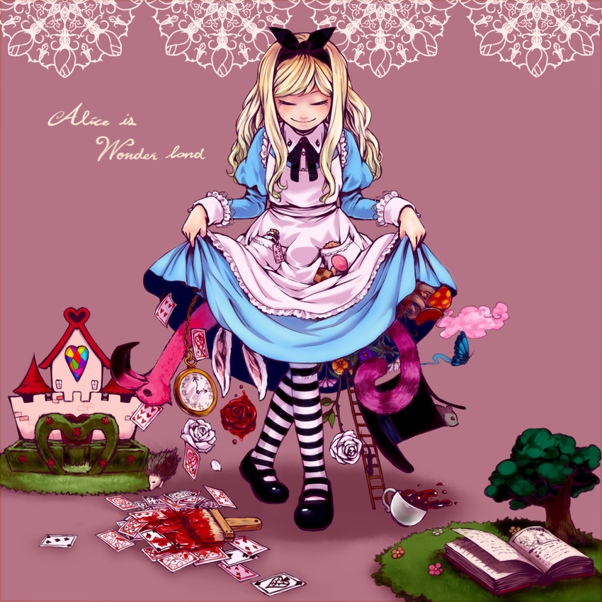 alice_(wonderland) alice_in_wonderland ameya_nihachi animal_ears apron bird blonde_hair book bottle bow bug bunny_ears butterfly card cat_tail cookie cup curtsey dress flower food hair_bow insect mary_janes mushroom open_book paintbrush pantyhose playing_card pocket_watch rose shoes skirt_basket smile striped striped_legwear tail tea teacup tree watch