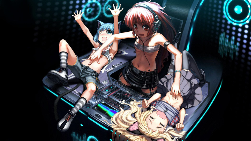 animal_ears babycat belly_rub blonde_hair blue_hair breasts cat cat_ears cat_tail catgirl feline female hair headphones mammal rave red_hair turntables