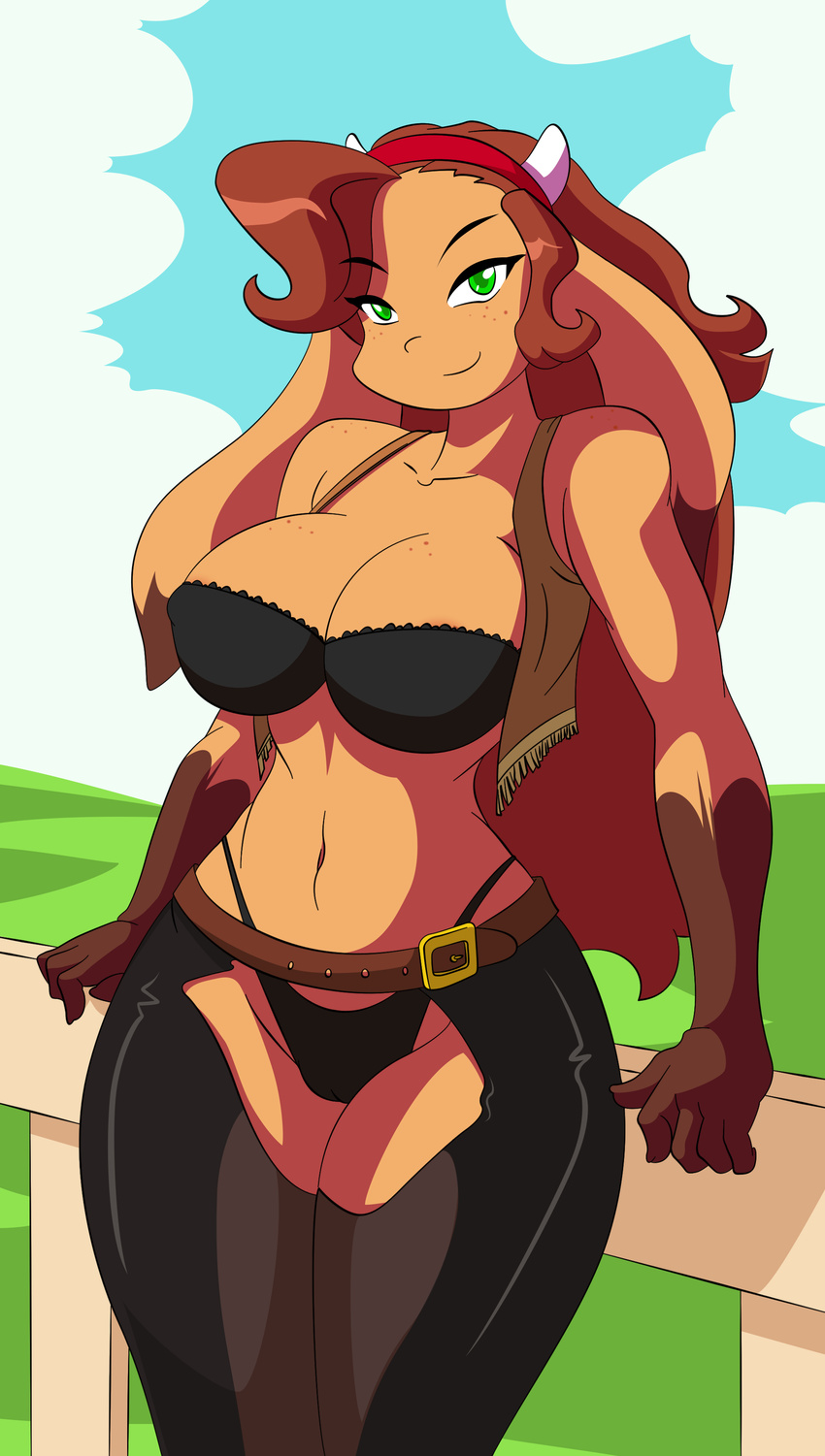 big_breasts bovine bra breasts brown_fur brown_hair camel_toe closed_mouth clothed clothing cowboy_outfit edit female fur green_eyes hair las_lindas long_hair looking_at_viewer mammal mora_linda plain_background skimpy smile solo standing string_panties underwear