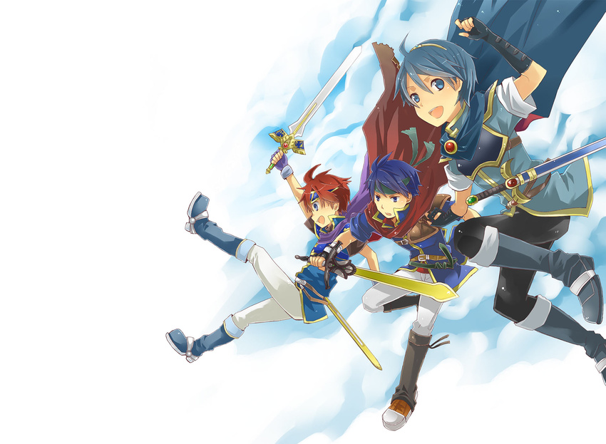 armor boots cape clouds fire_emblem ike_(fire_emblem) male marth_(fire_emblem) roy_(fire_emblem) sky sword weapon white