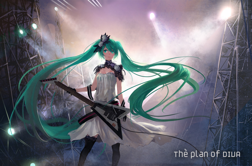 cancer_(zjcconan) dress electric_guitar floating_hair green_eyes green_hair guitar hatsune_miku highres instrument left-handed long_hair solo thighhighs twintails very_long_hair vocaloid whammy_bar
